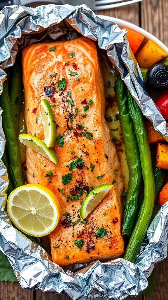 Foil-wrapped salmon fillet garnished with herbs and lemon, served with roasted vegetables.